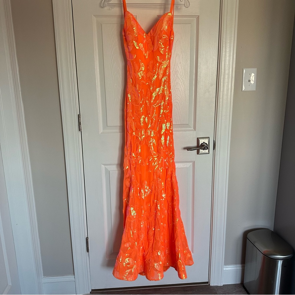 Jovani Neon Orange Sequin Mermaid Prom Dress - Picture 2 of 14